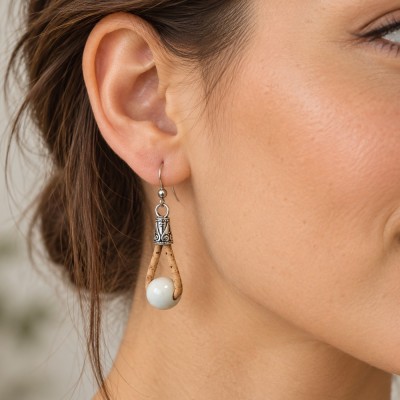 Boucles d'oreilles en liège  boule de neige
