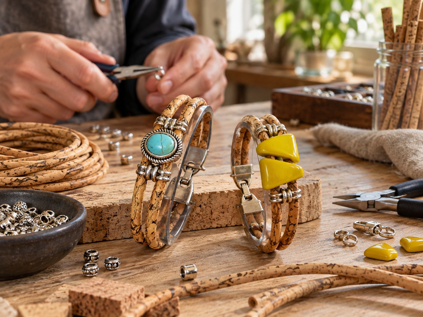 Création de bijoux en liège dans notre atelier à Gérardmer